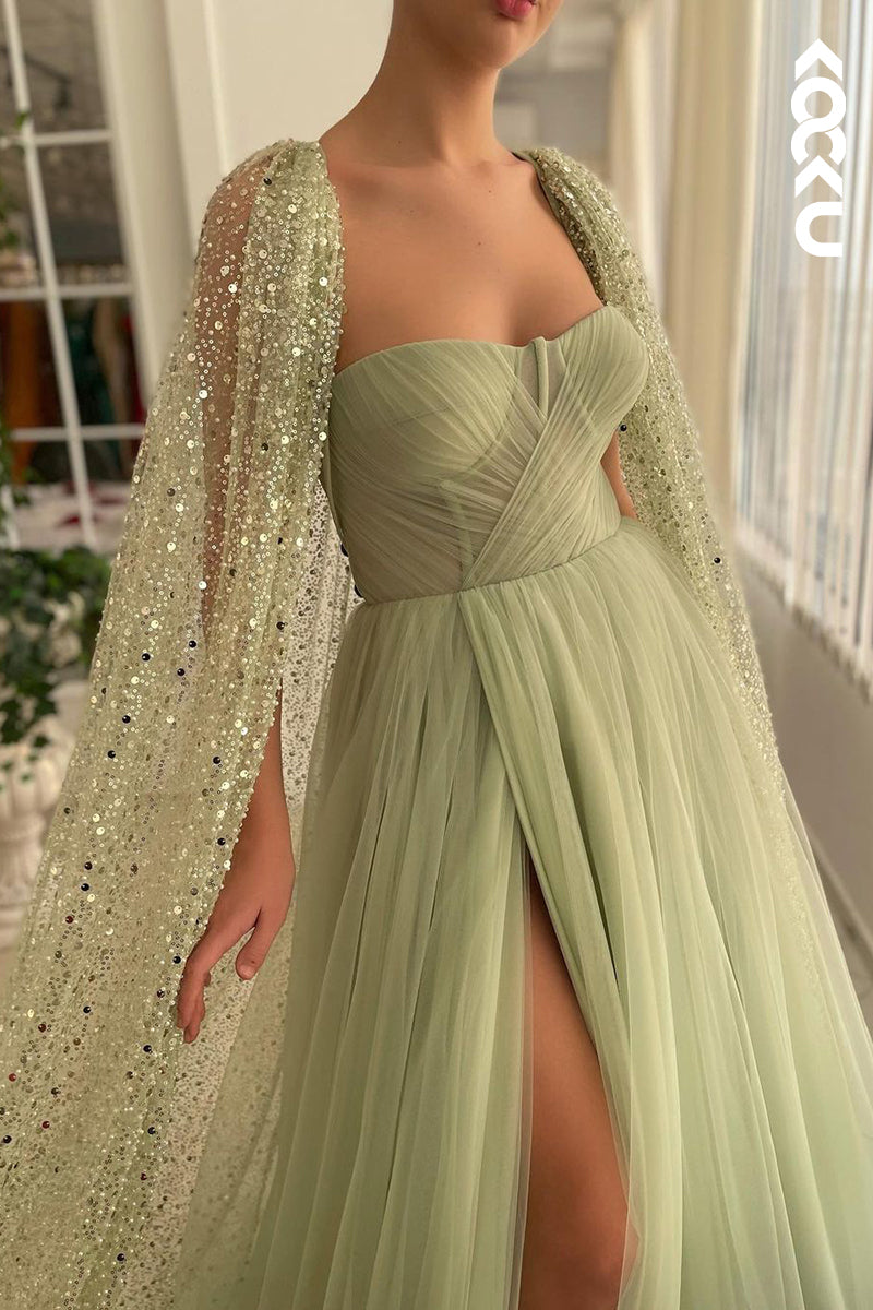L1276 - Two-Piece Strapless Tulle Sequins Split Prom Evening Formal Dress