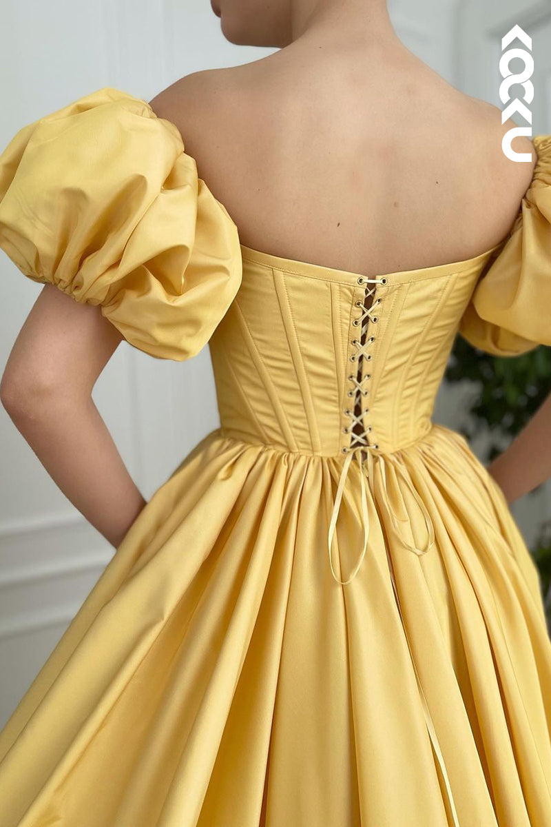 L1278 - A-Line Off-Shoulder Satin Pleats Short Sleeves Prom Evening Formal Dress