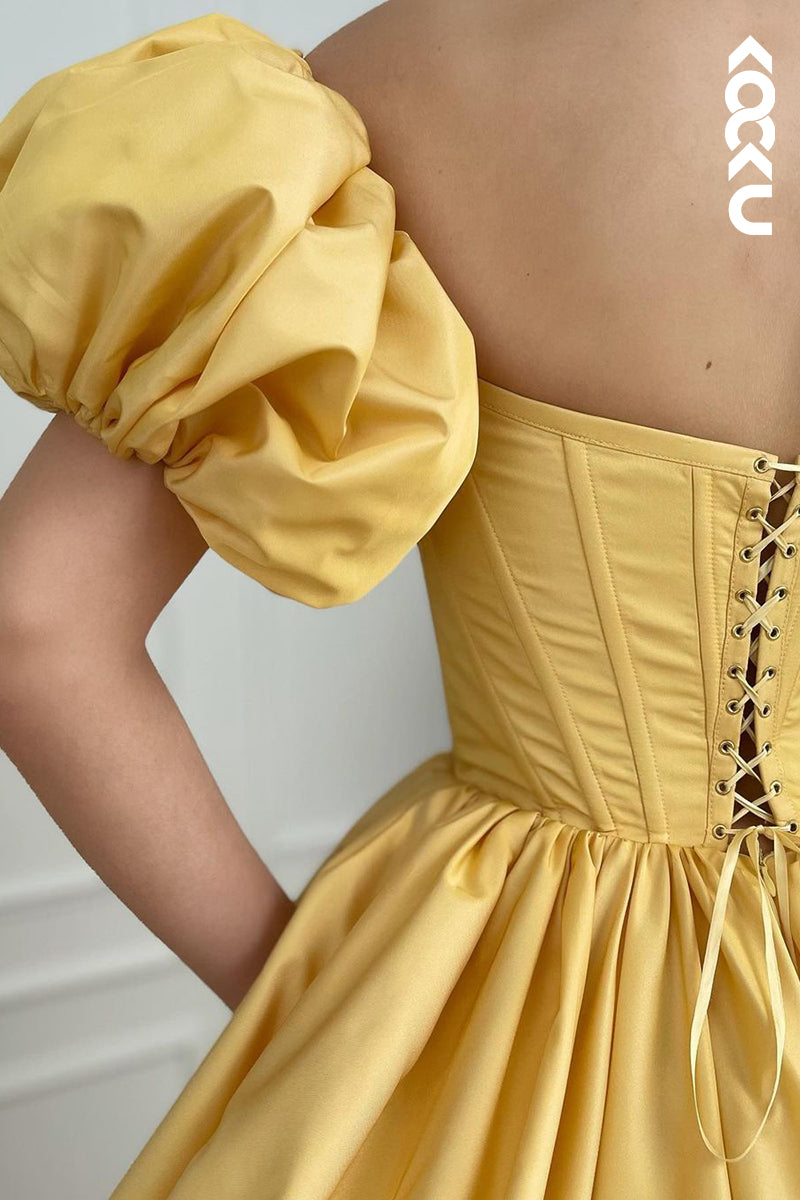 L1278 - A-Line Off-Shoulder Satin Pleats Short Sleeves Prom Evening Formal Dress