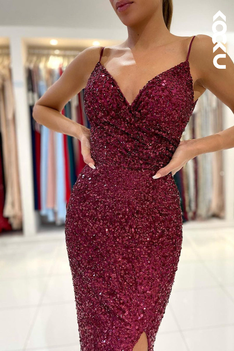 L1279 - Sheath/Column V-Neck Sequined Split Sleeveless Prom Evening Formal Dress