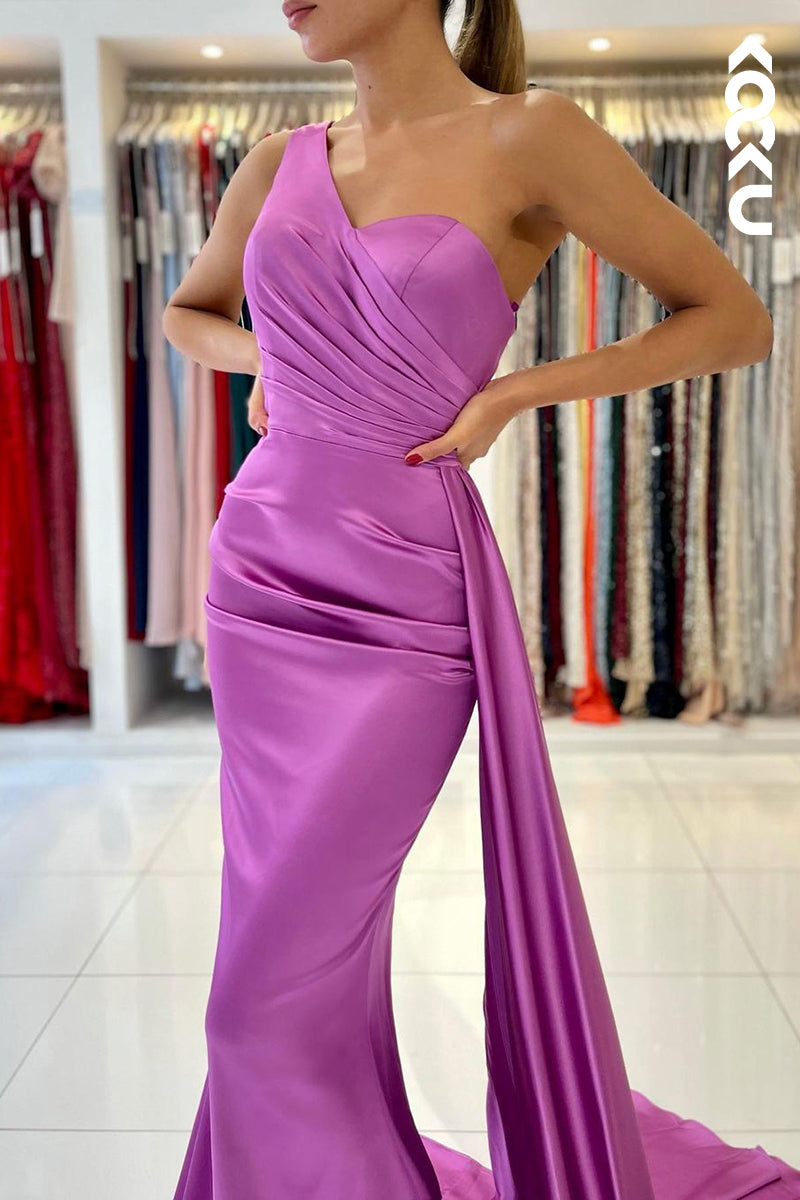 L1280 - Trumpet/Mermaid One Shoulder Satin Pleats Sleeveless Prom Evening Formal Dress