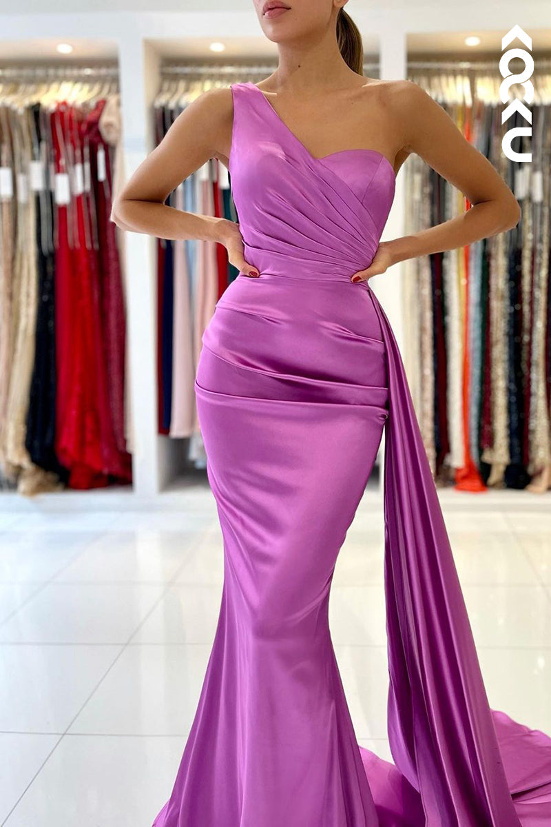 L1280 - Trumpet/Mermaid One Shoulder Satin Pleats Sleeveless Prom Evening Formal Dress