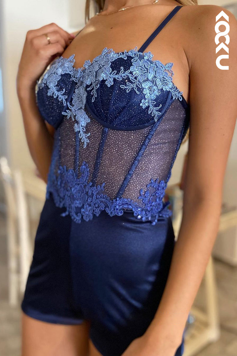 L1281 - A-Line Straps Tulle Appliques Sequins Sleeveless Prom Evening Formal Dress