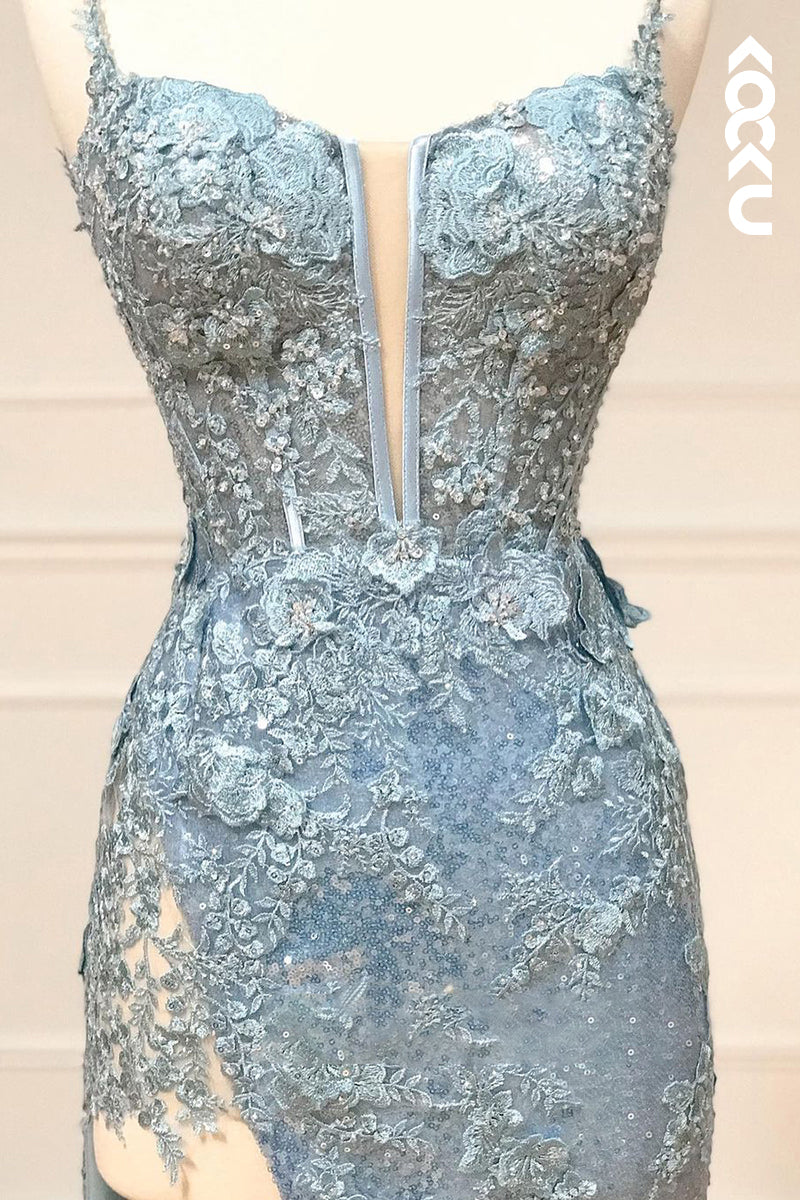 L1287 - Sheath/Column V-Neck Sequined Split Sleeveless Prom Evening Formal Dress