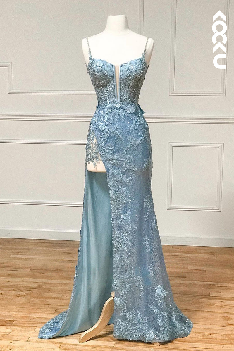 L1287 - Sheath/Column V-Neck Sequined Split Sleeveless Prom Evening Formal Dress