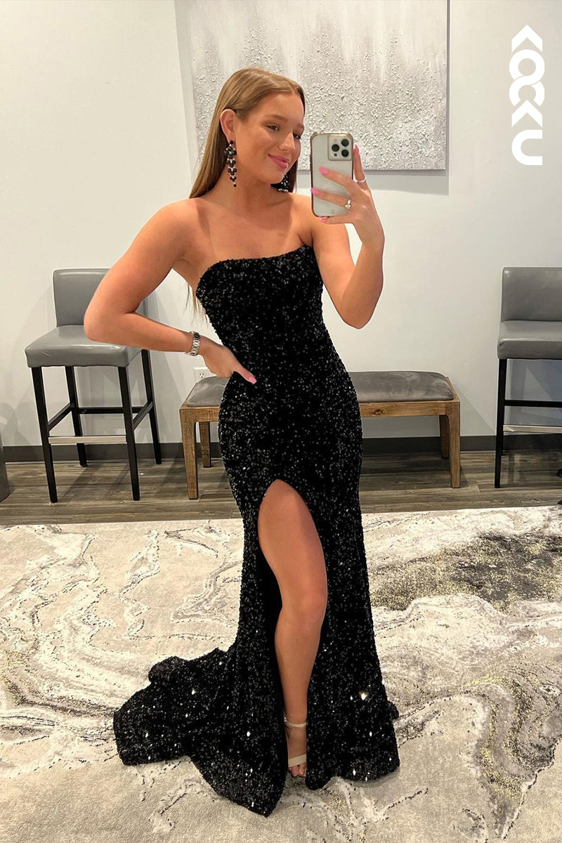 L1288 - Sheath/Column Strapless Sequined Split Sleeveless Prom Evening Formal Dress