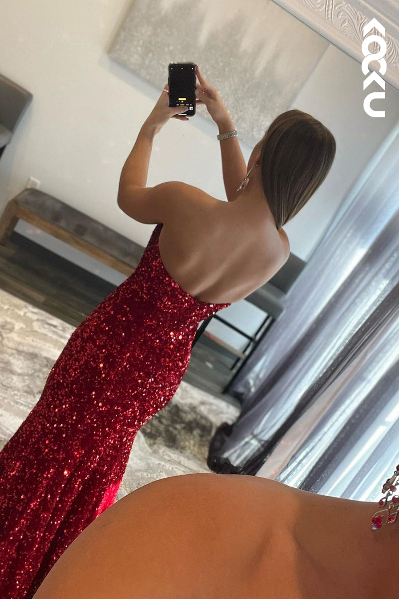 L1288 - Sheath/Column Strapless Sequined Split Sleeveless Prom Evening Formal Dress