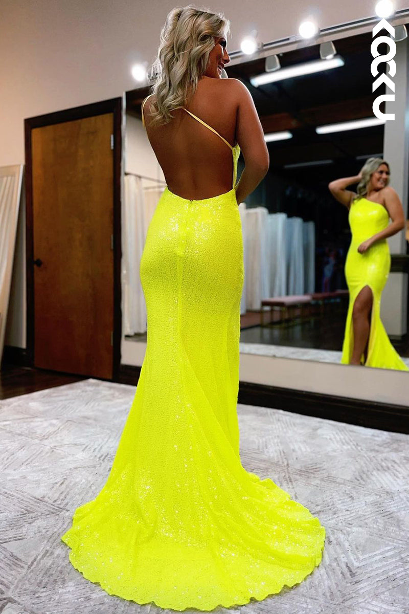 L1289 - Sheath/Column One Shoulder Sequined Split Sleeveless Prom Evening Formal Dress