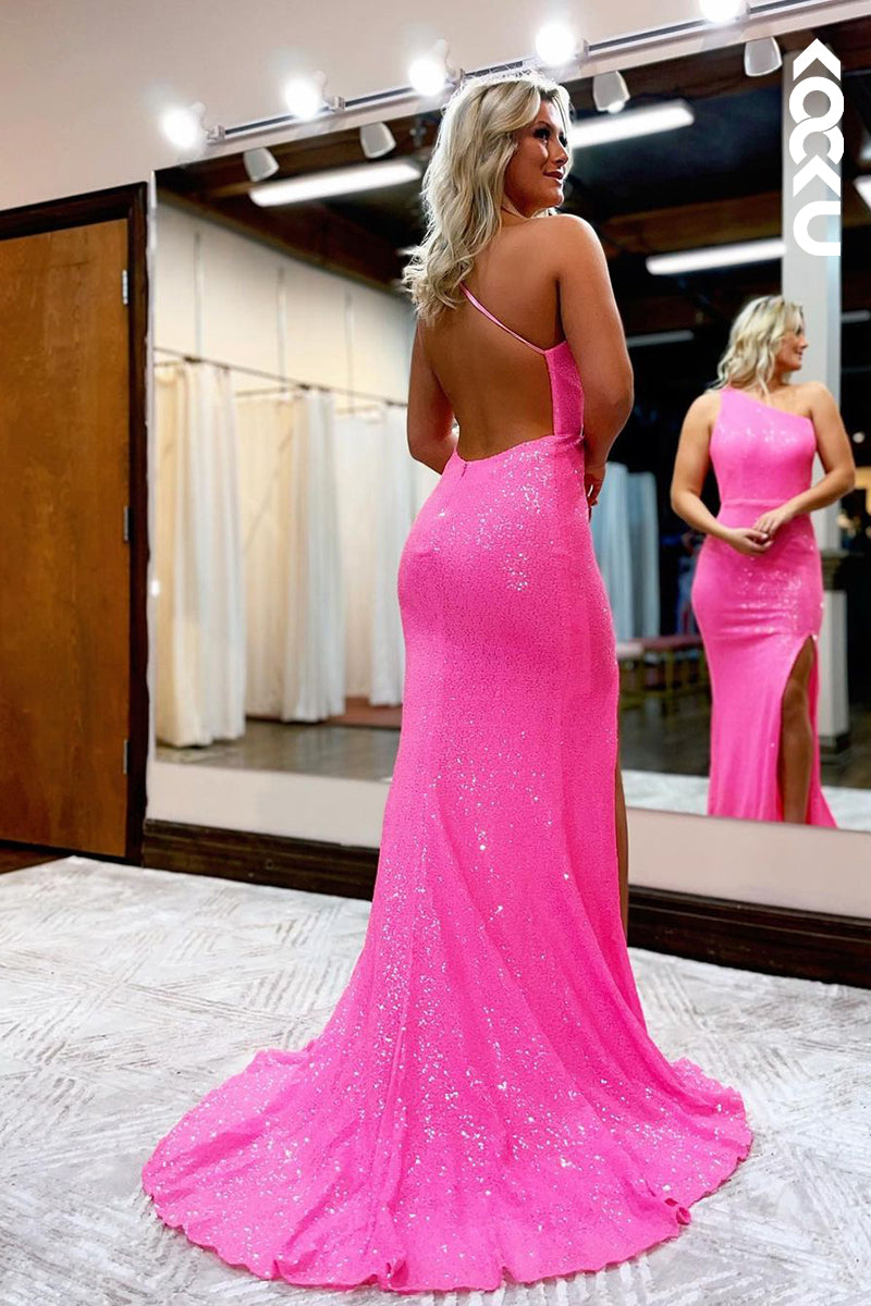 L1289 - Sheath/Column One Shoulder Sequined Split Sleeveless Prom Evening Formal Dress