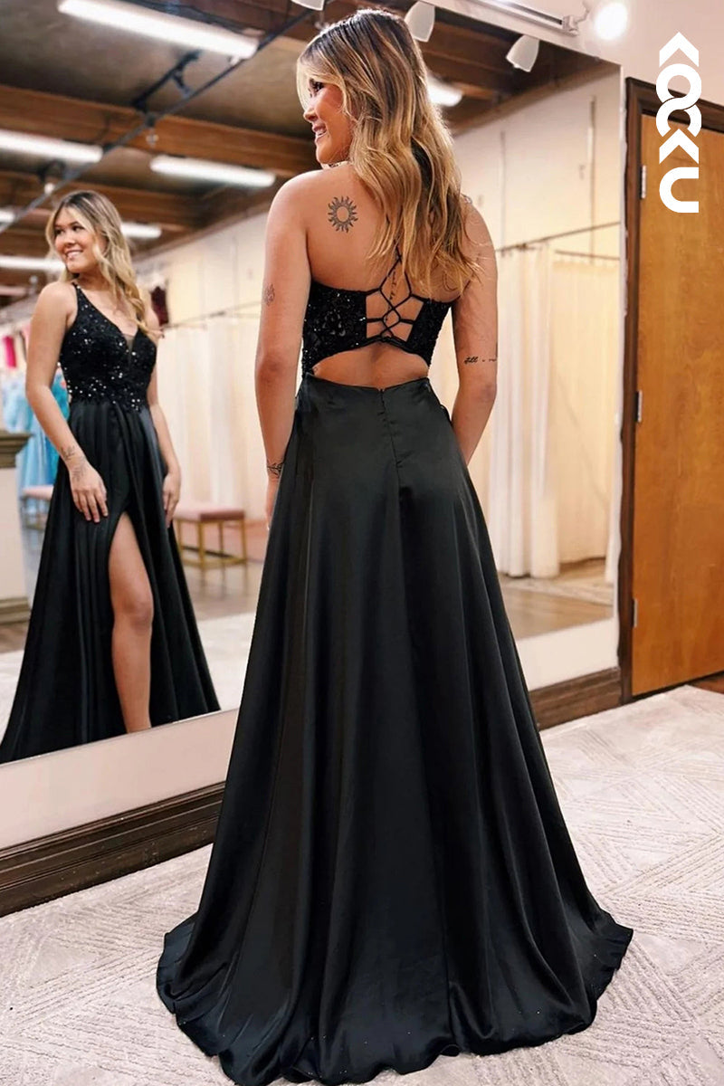 L1292 - A-Line V-Neck Satin Sequins Sleeveless Prom Evening Formal Dress