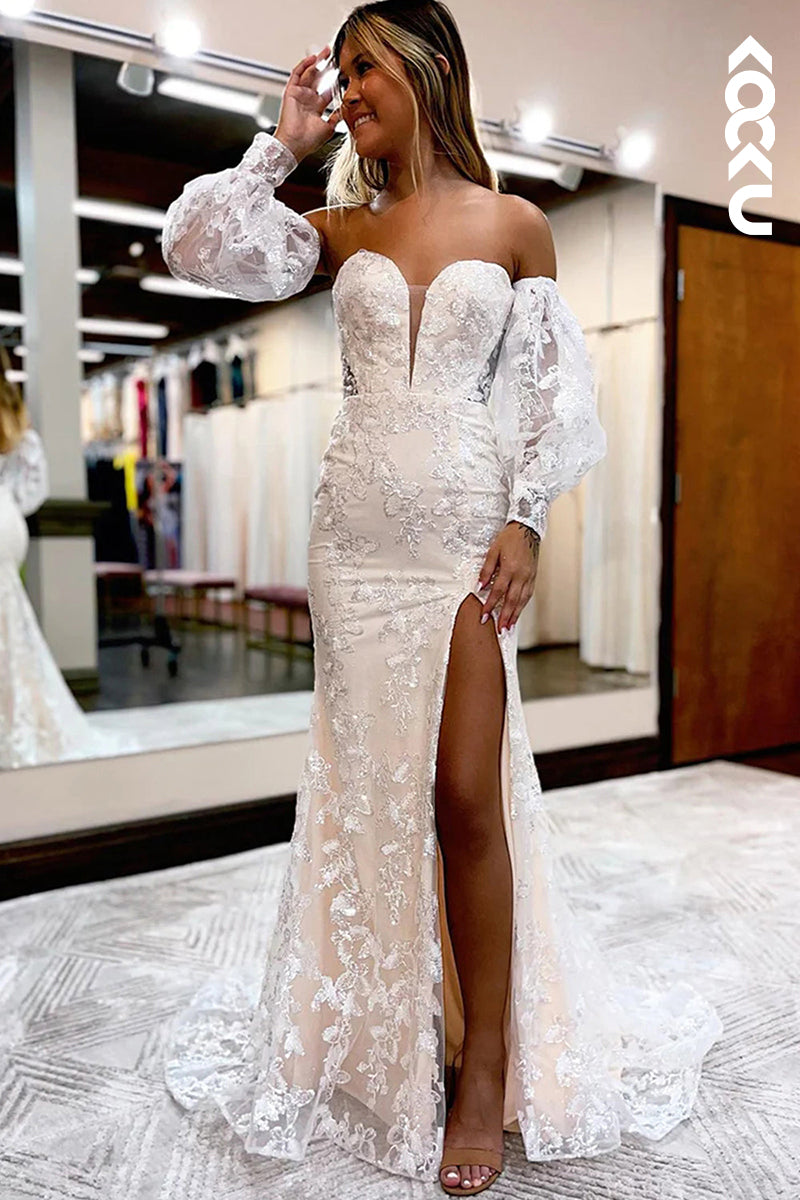 L1293 - Sheath/Column V-Neck Tulle Appliques Long Sleeves Prom Evening Formal Dress