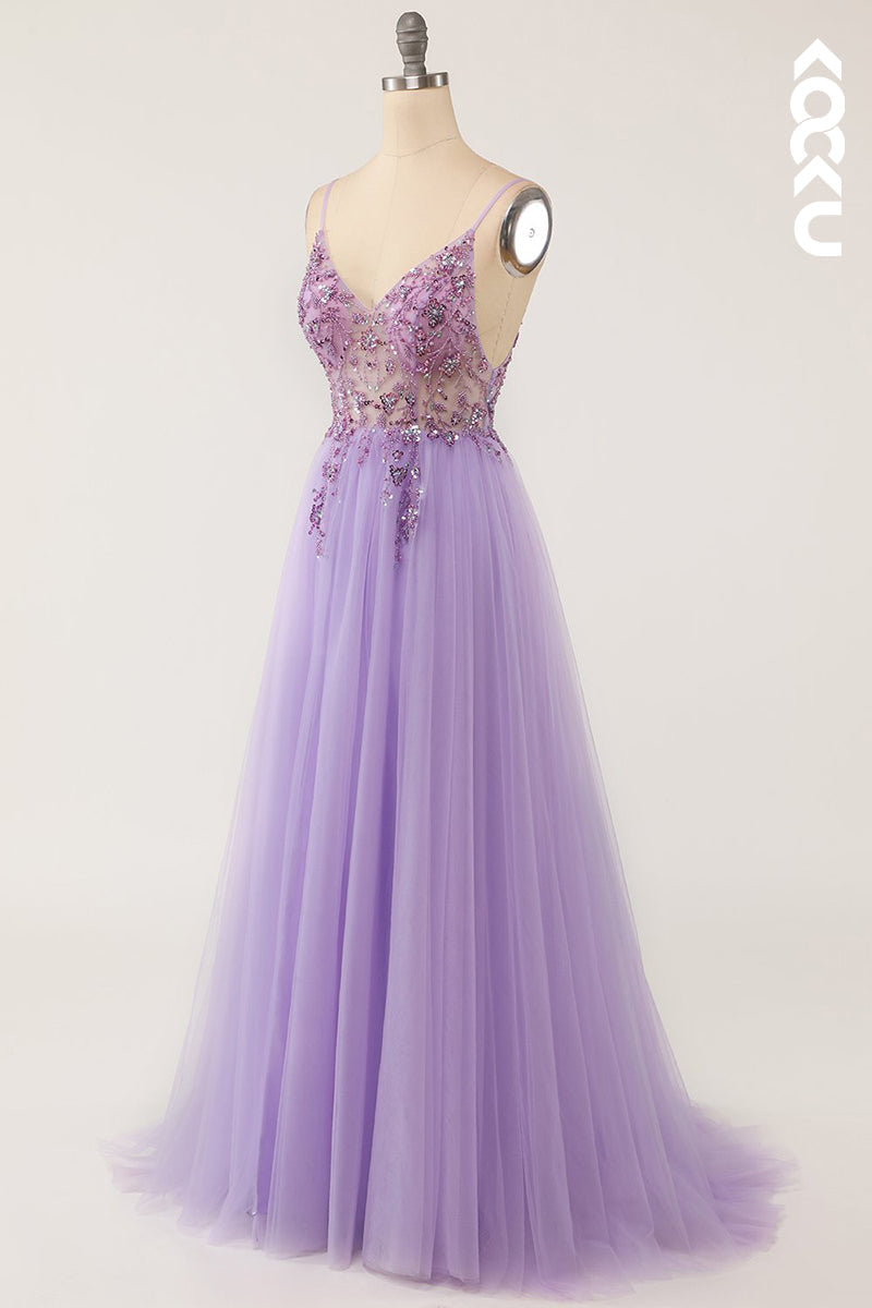 L1300 - A-Line V-Neck Tulle Appliques Beaded Prom Evening Formal Dress