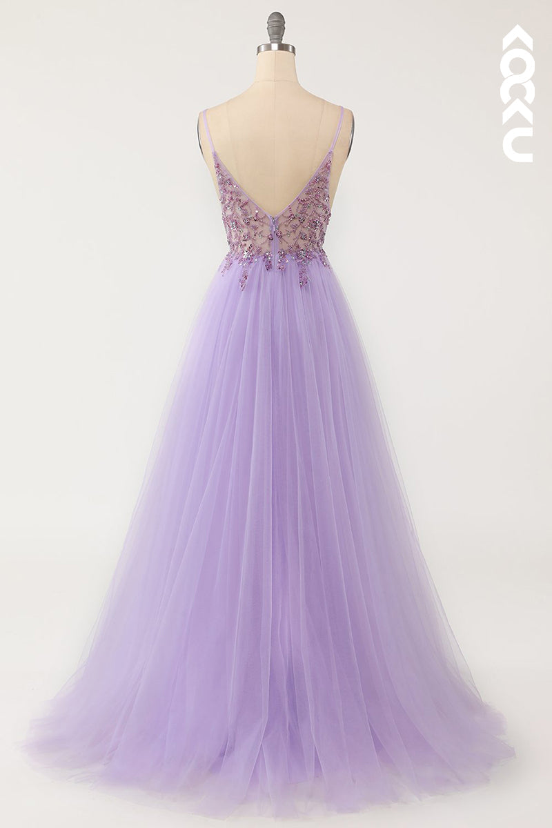 L1300 - A-Line V-Neck Tulle Appliques Beaded Prom Evening Formal Dress