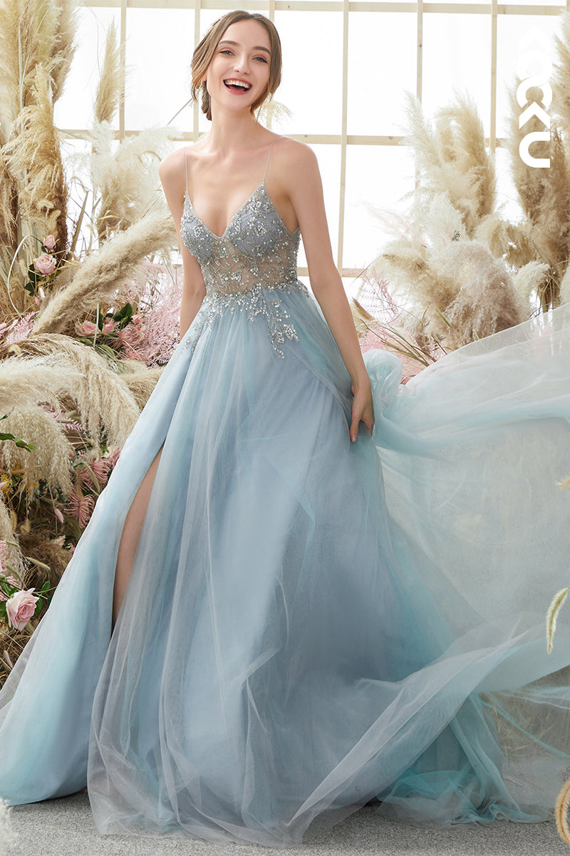 L1300 - A-Line V-Neck Tulle Appliques Beaded Prom Evening Formal Dress