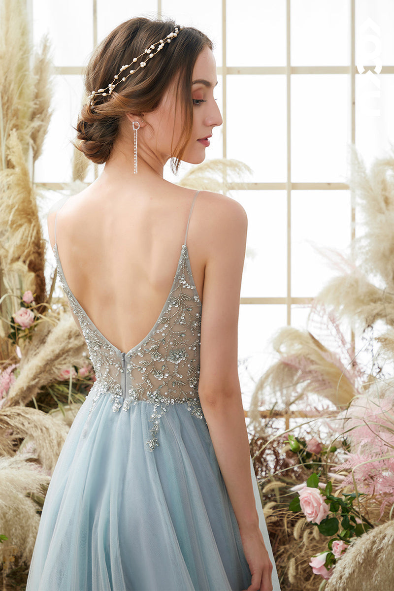 L1300 - A-Line V-Neck Tulle Appliques Beaded Prom Evening Formal Dress