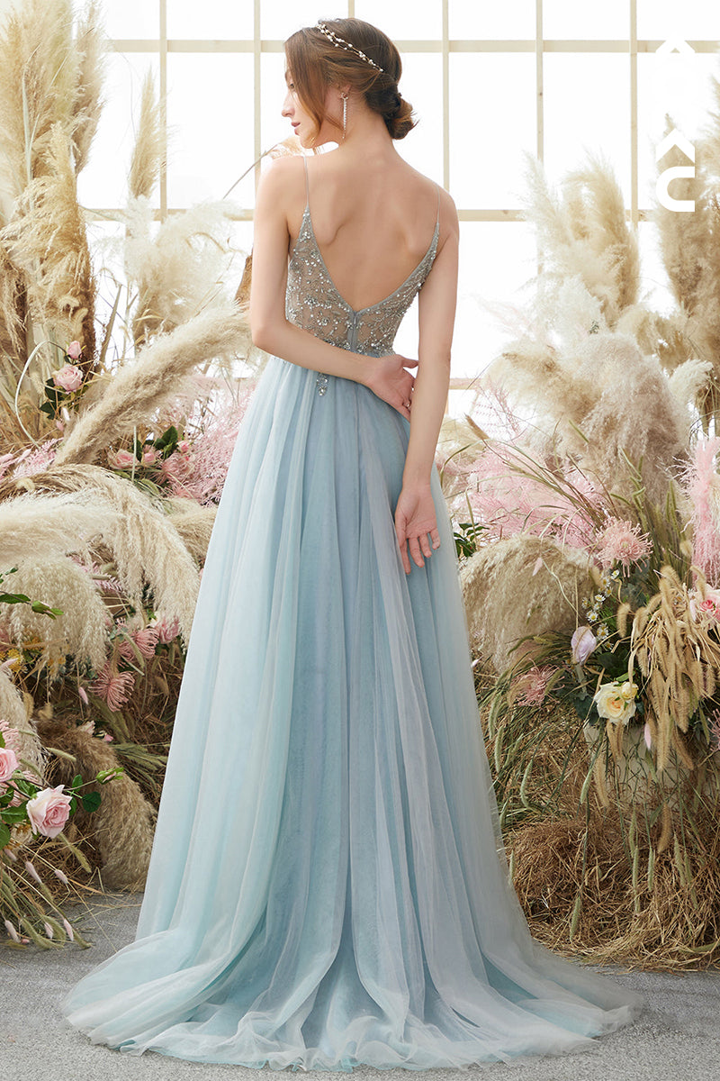 L1300 - A-Line V-Neck Tulle Appliques Beaded Prom Evening Formal Dress