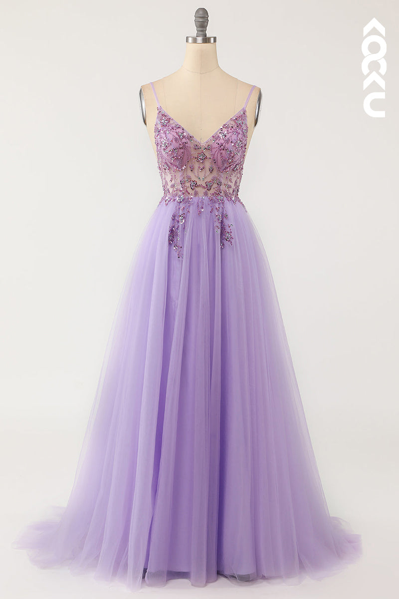 L1300 - A-Line V-Neck Tulle Appliques Beaded Prom Evening Formal Dress