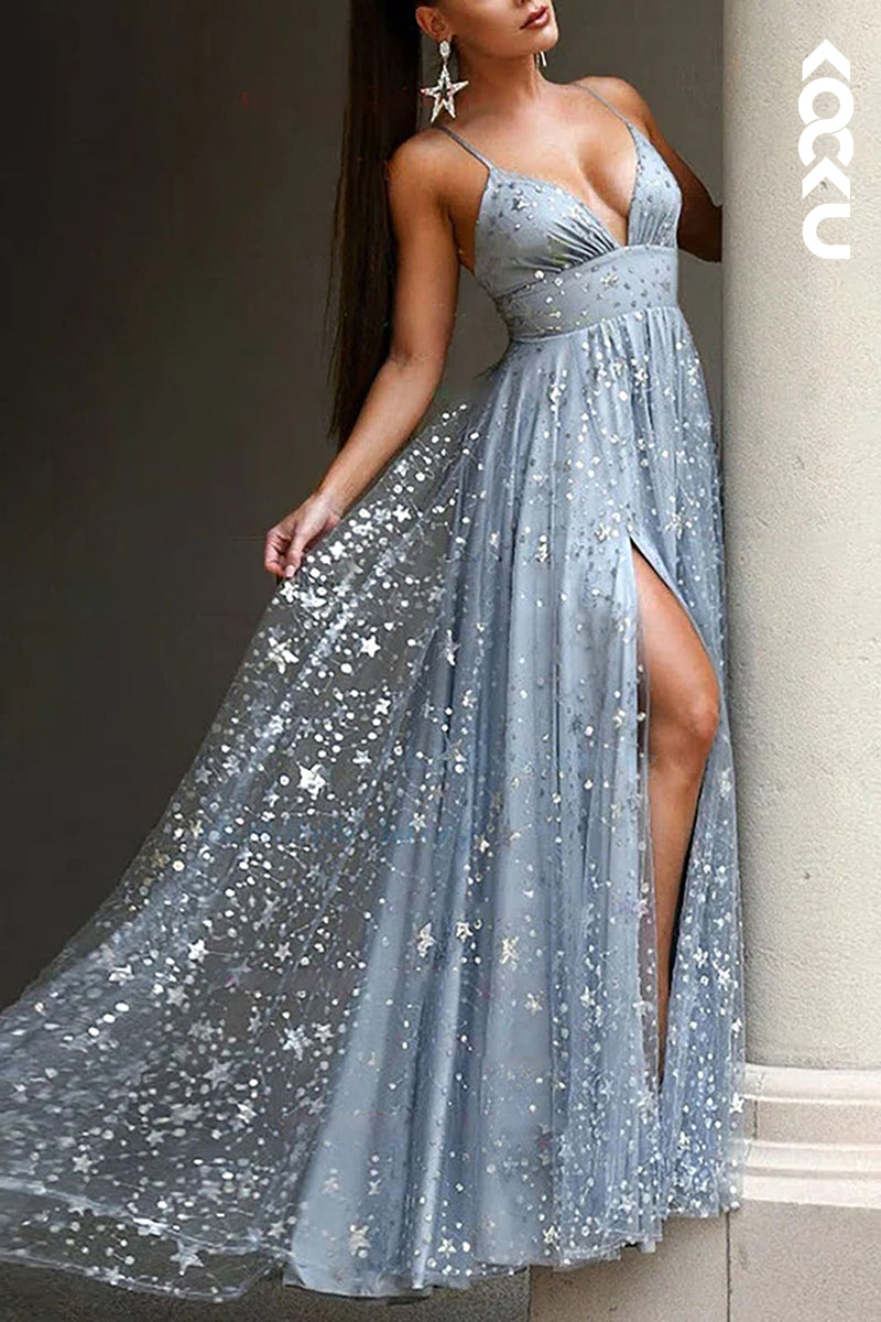 L1301 - A-Line V-Neck Tulle Beaded Sleeveless Prom Evening Formal Dress