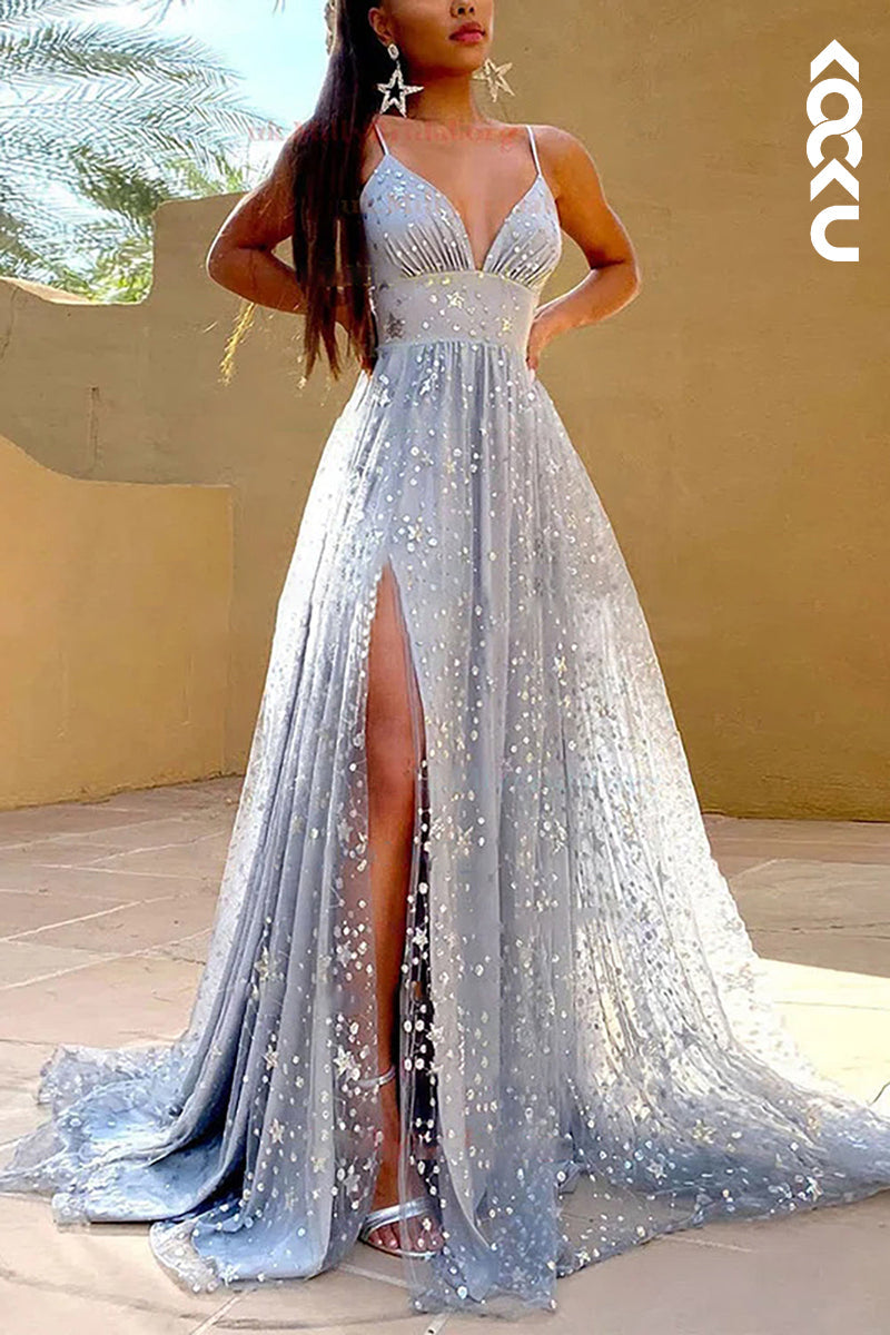 L1301 - A-Line V-Neck Tulle Beaded Sleeveless Prom Evening Formal Dress