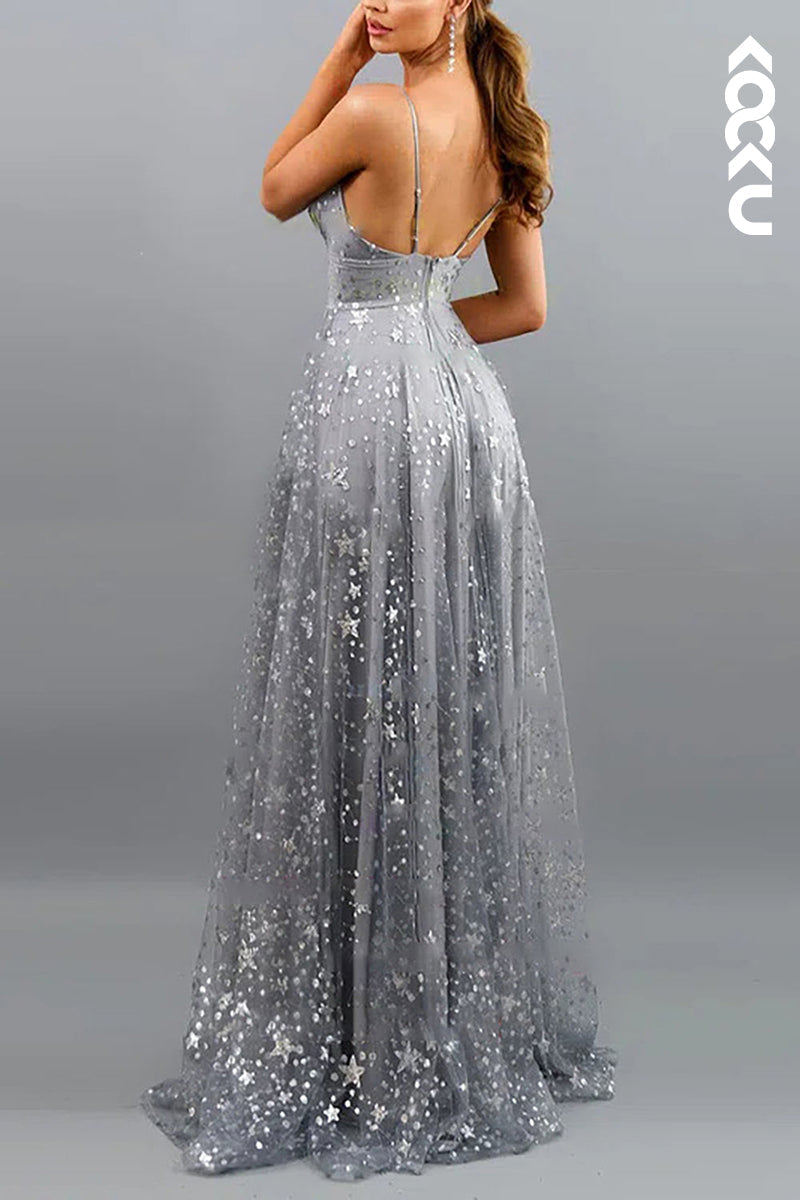 L1301 - A-Line V-Neck Tulle Beaded Sleeveless Prom Evening Formal Dress