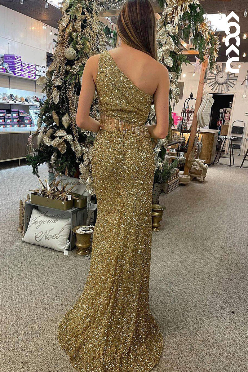 L1304 - Two-Piece One Shoulder Sequined Split Sleeveless Prom Evening Formal Dress