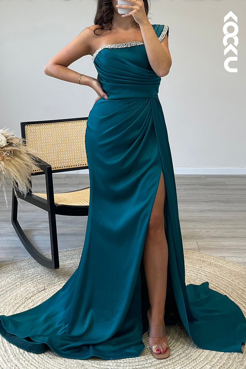 L1329 - Sheath/Column One Shoulder Beaded Satin Pleated Long Formal Dress