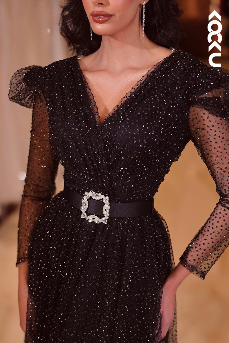 L1340 - A-Line V-Neck Sequined Belt Long Sleeves Prom Evening Formal Dress