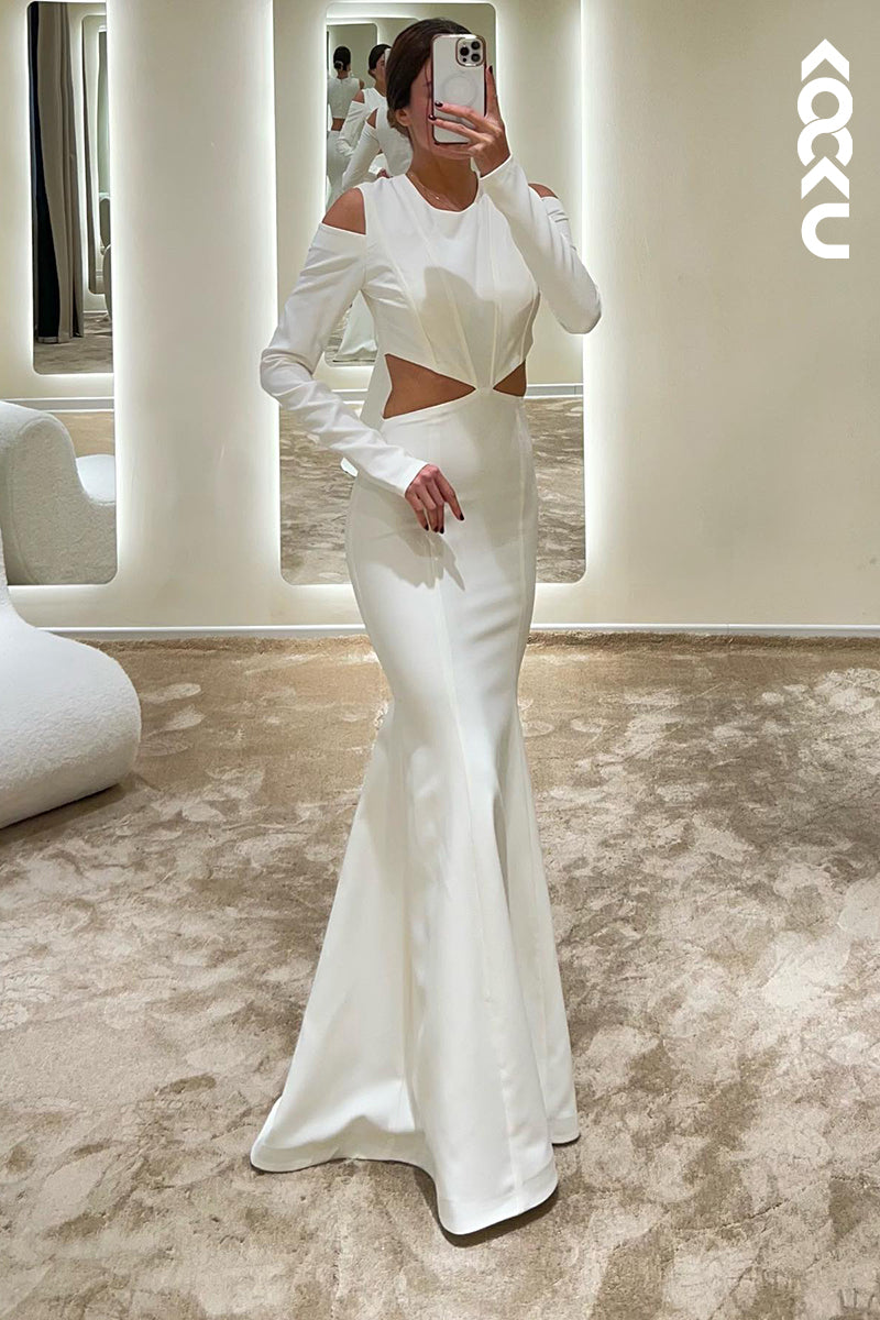 L1342 - Sheath/Column Round Satin Zipper-Up Long Sleeves Prom Evening Formal Dress