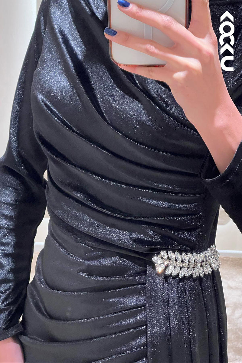 L1345 - Sheath/Column Round Satin Pleats Long Sleeves Prom Evening Formal Dress