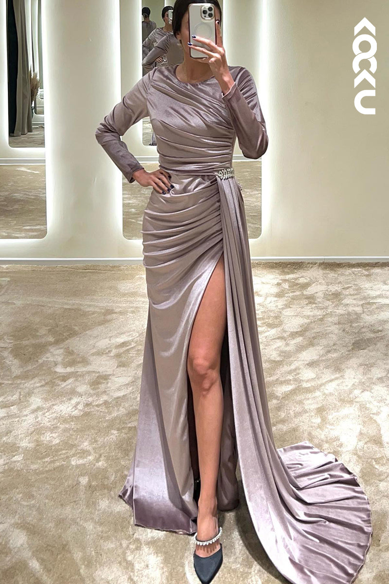 L1345 - Sheath/Column Round Satin Pleats Long Sleeves Prom Evening Formal Dress