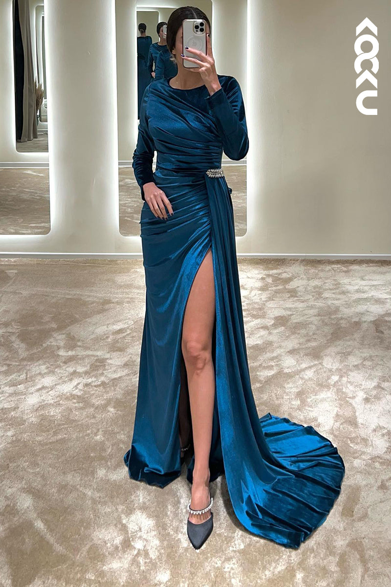 L1345 - Sheath/Column Round Satin Pleats Long Sleeves Prom Evening Formal Dress