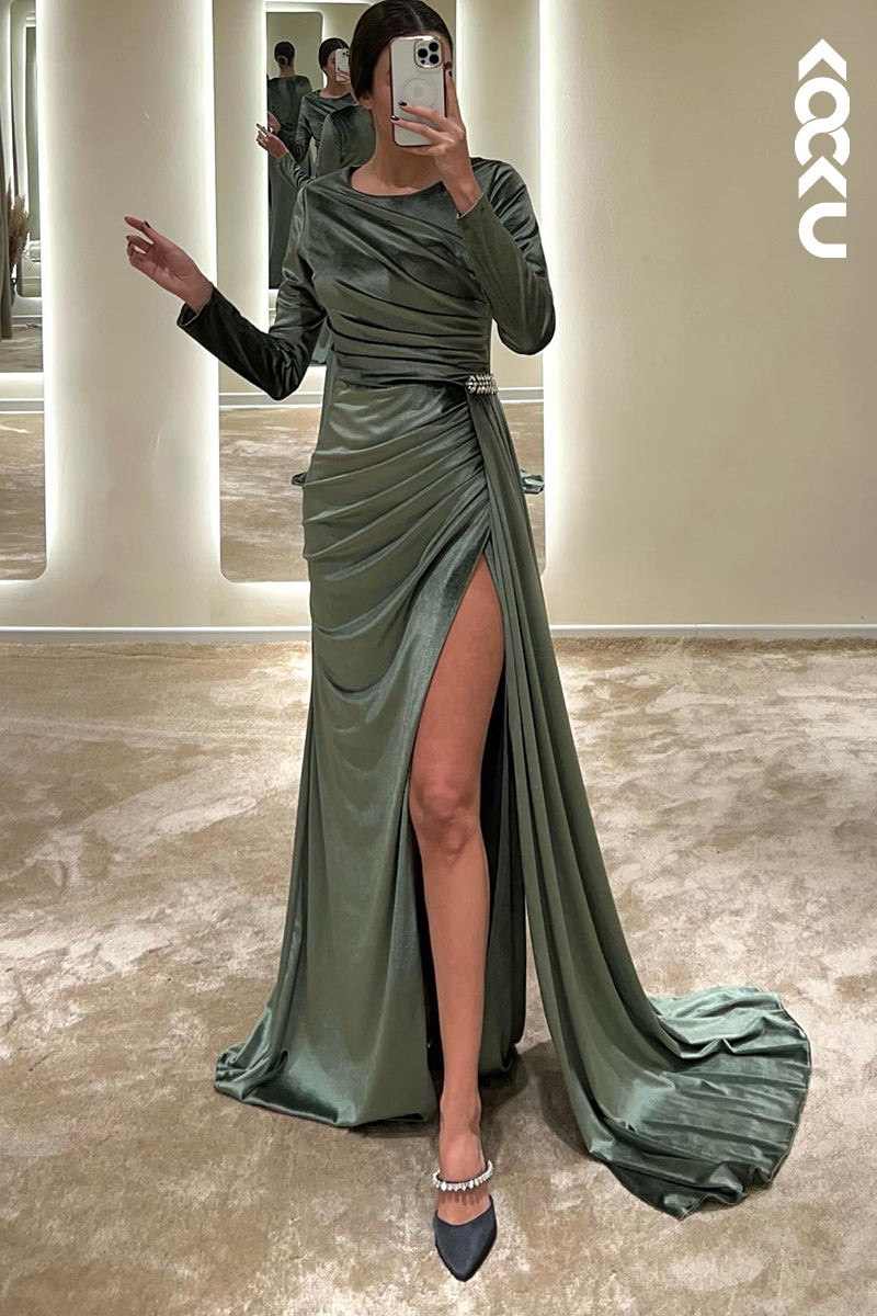 L1345 - Sheath/Column Round Satin Pleats Long Sleeves Prom Evening Formal Dress