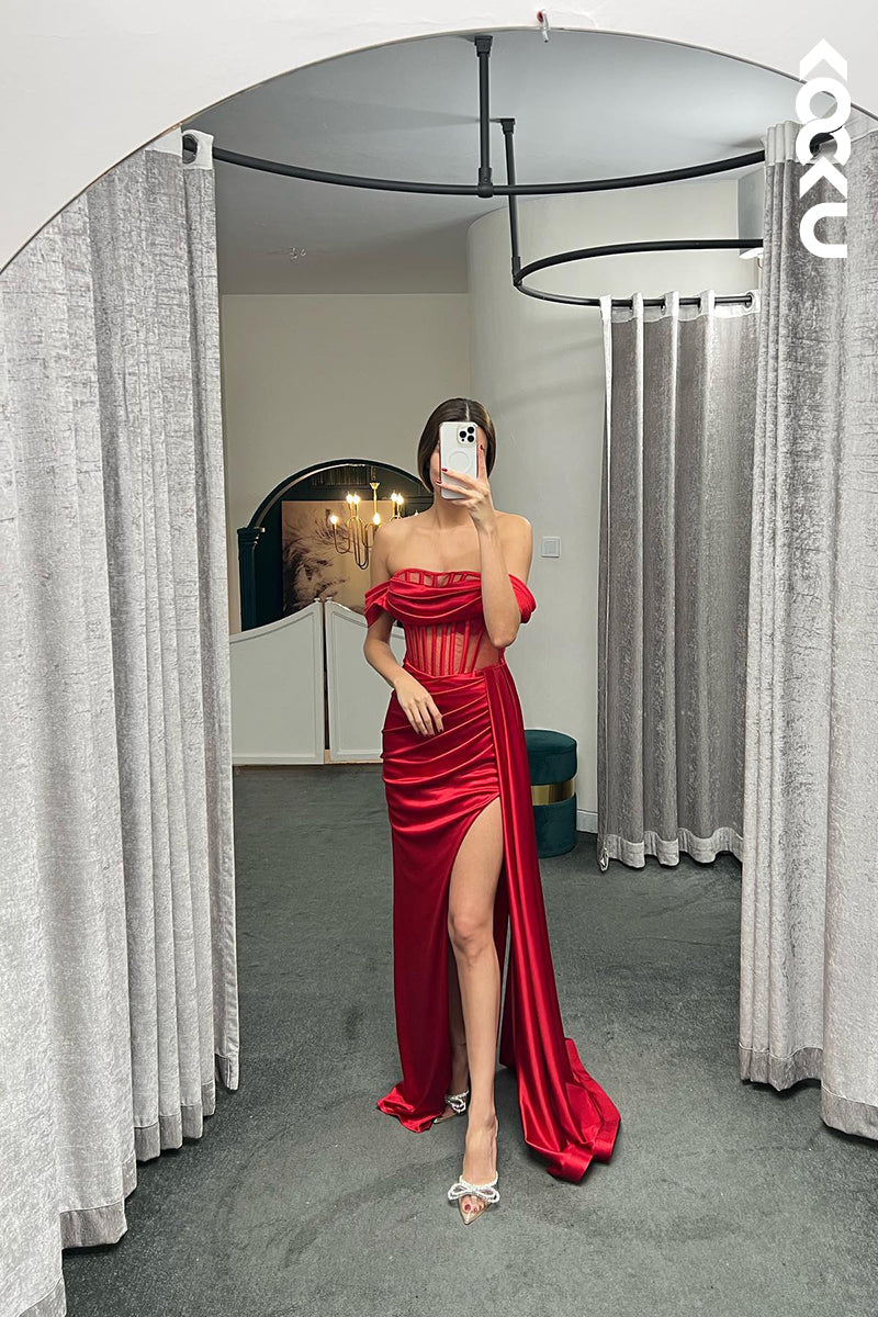 L1349 - Sheath/Column Off-Shoulder Satin Pleats Sleeveless Prom Evening Formal Dress