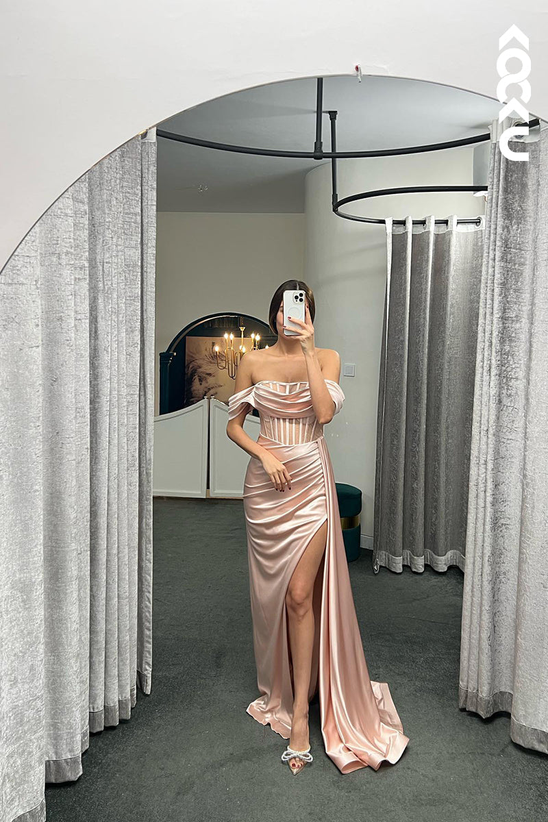L1349 - Sheath/Column Off-Shoulder Satin Pleats Sleeveless Prom Evening Formal Dress