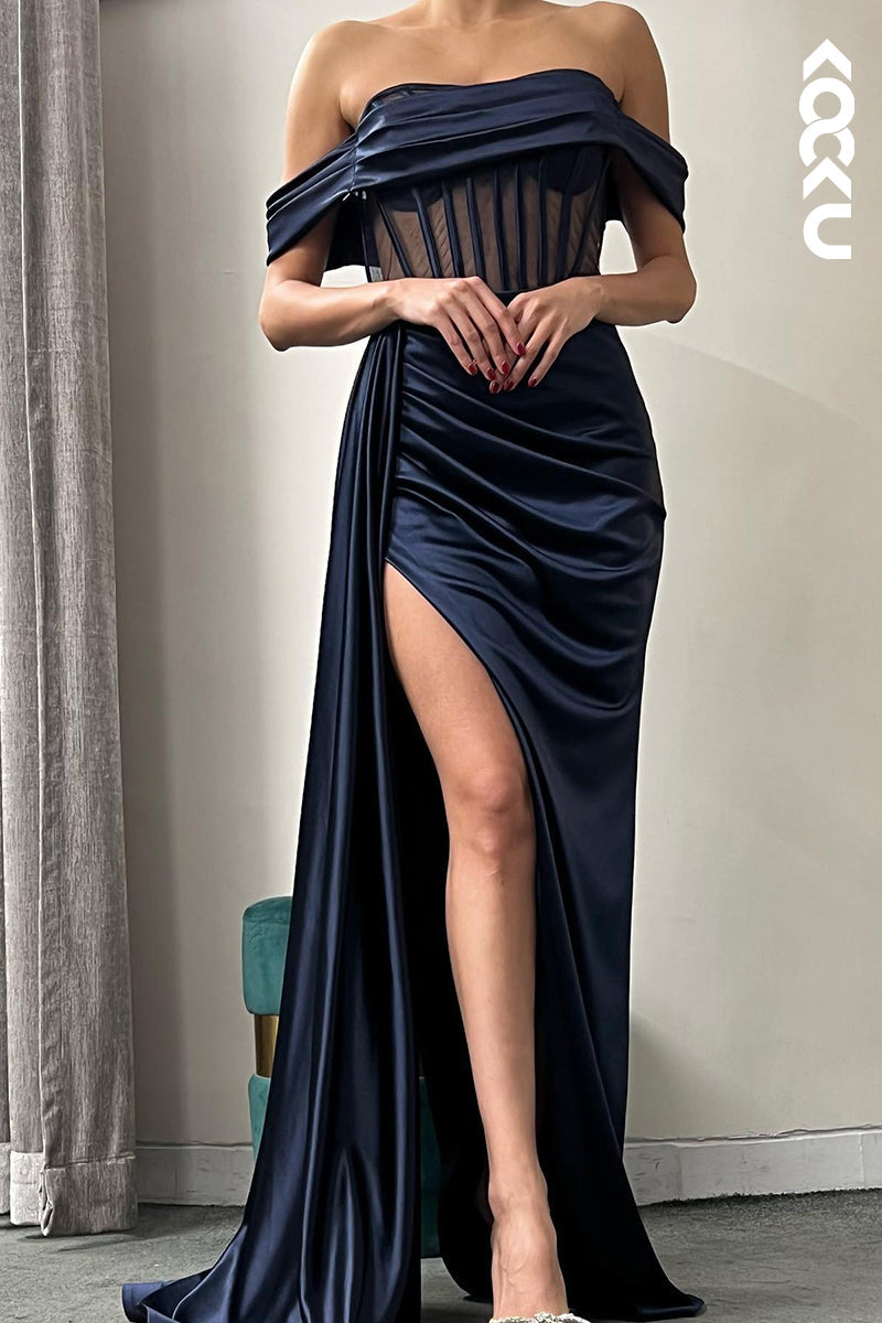 L1349 - Sheath/Column Off-Shoulder Satin Pleats Sleeveless Prom Evening Formal Dress
