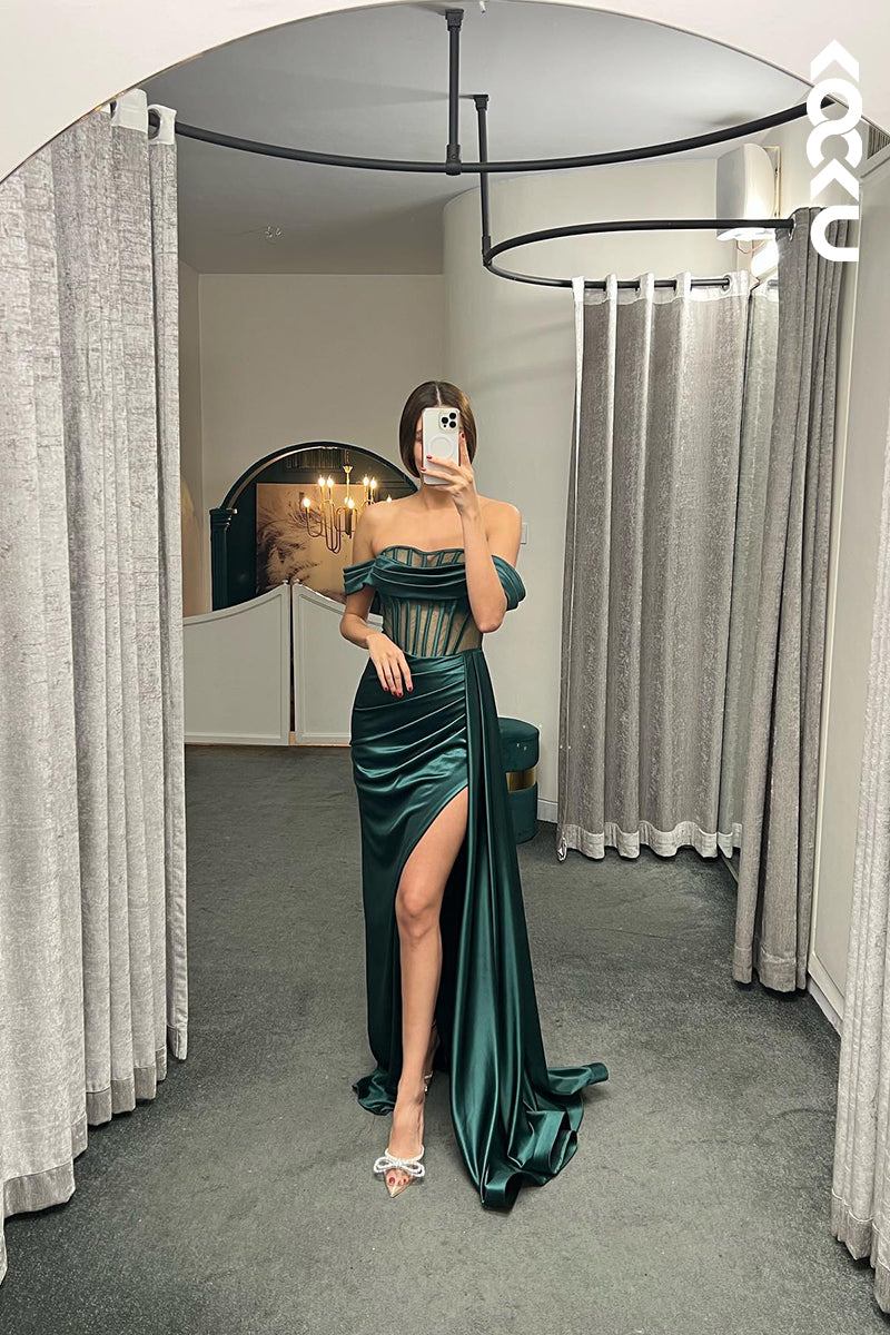 L1349 - Sheath/Column Off-Shoulder Satin Pleats Sleeveless Prom Evening Formal Dress