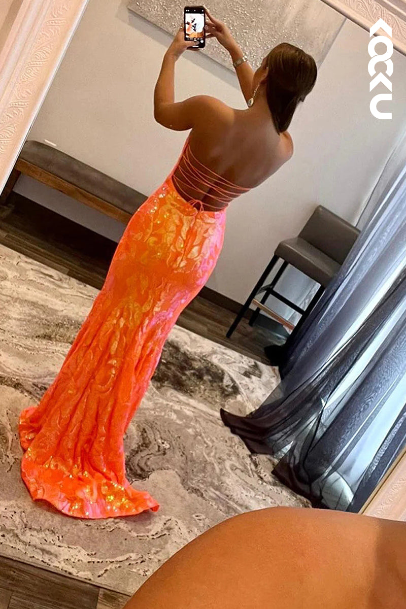 L1353 - Trumpet/Mermaid V-Neck Sequined Lace-Up Sleeveless Prom Evening Formal Dress