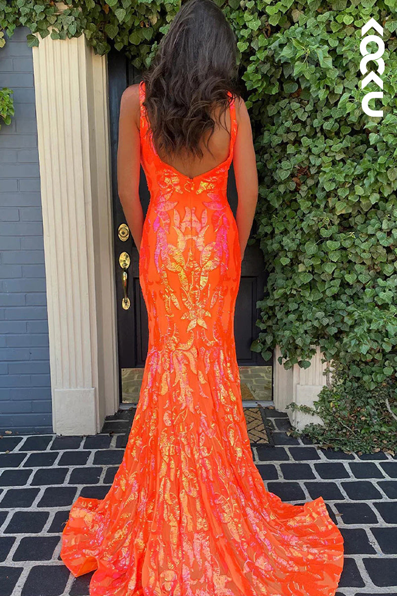 L1355 - Trumpet/Mermaid V-Neck Sequined Zipper-Up Sleeveless Prom Evening Formal Dress