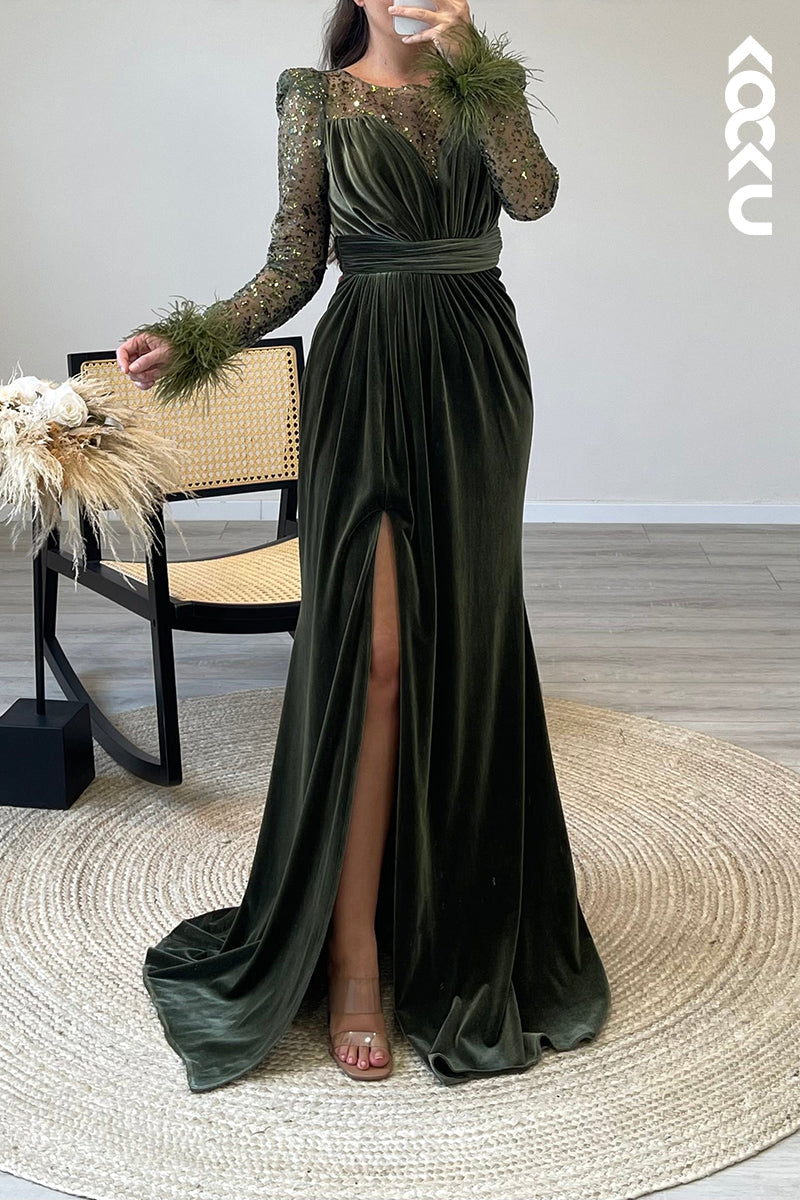 L1361 - Scoop Long Sleeves Feather Velvet Pleated Sheath Formal Dress for Wedding