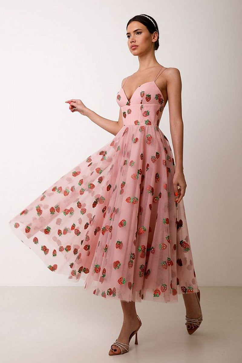 L1362 - Sweetheart Strawberry Print Tulle A-Line Long Prom Evening Formal Dress