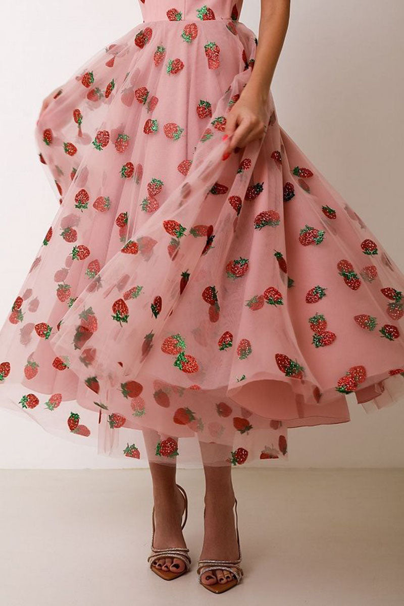 L1362 - Sweetheart Strawberry Print Tulle A-Line Long Prom Evening Formal Dress
