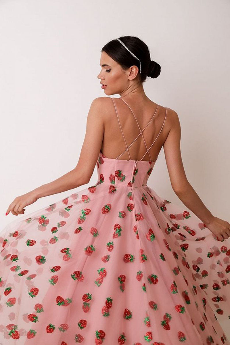 L1362 - Sweetheart Strawberry Print Tulle A-Line Long Prom Evening Formal Dress