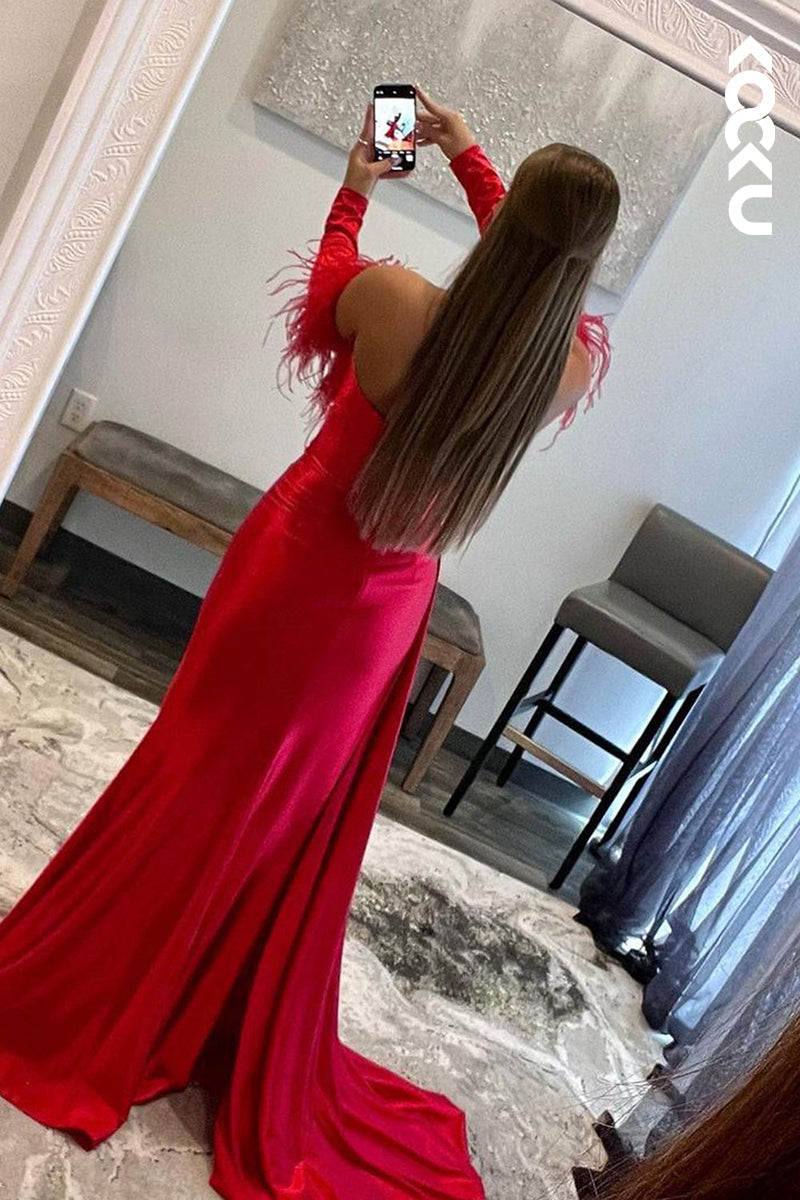 L1365 - Sheath/Column Sweetheart Satin Pleats Feathers Prom Evening Formal Dress