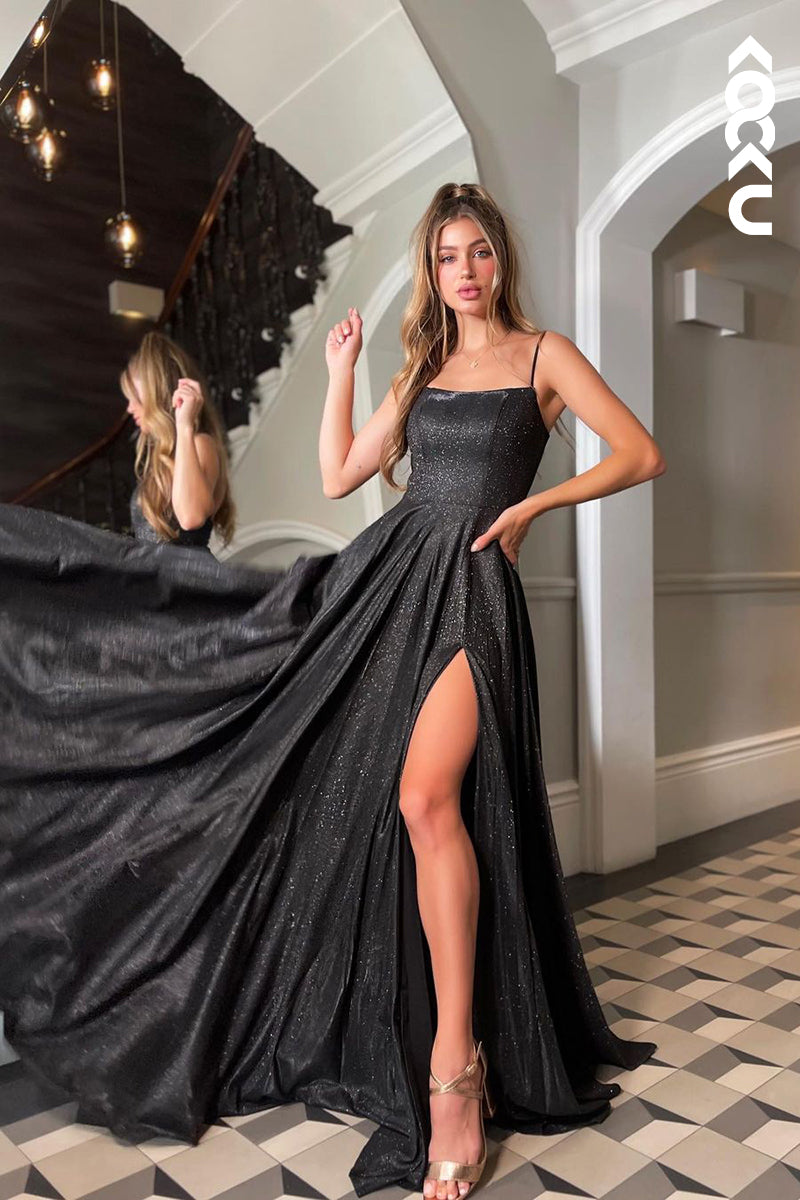 L1370 - A-Line Straps Sequined Split Sleeveless Prom Evening Formal Dress