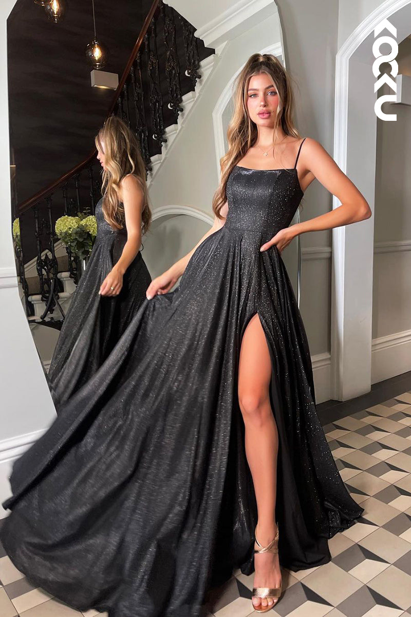 L1370 - A-Line Straps Sequined Split Sleeveless Prom Evening Formal Dress