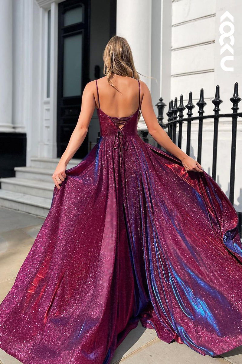 L1370 - A-Line Straps Sequined Split Sleeveless Prom Evening Formal Dress