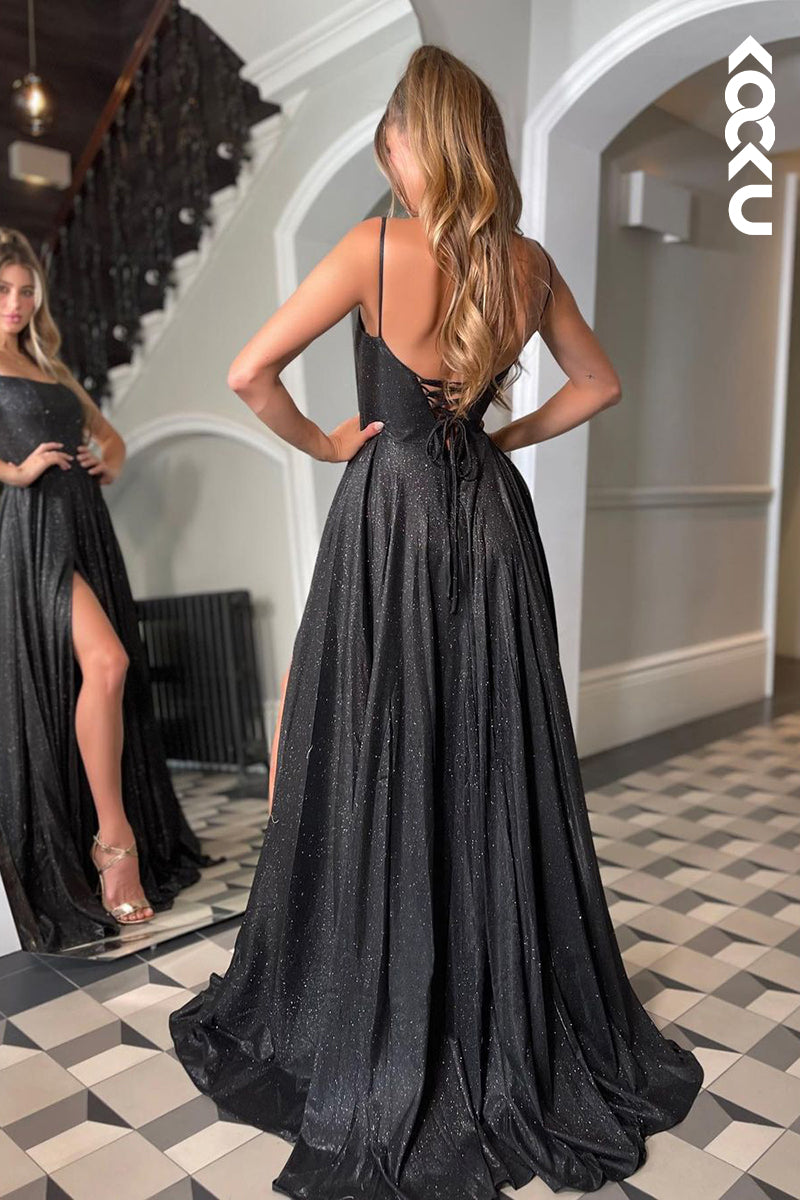 L1370 - A-Line Straps Sequined Split Sleeveless Prom Evening Formal Dress