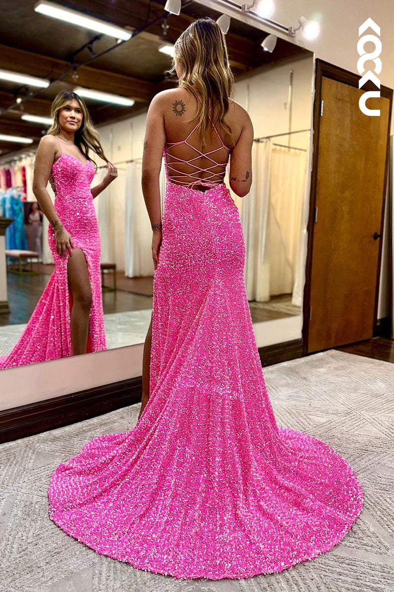 L1373 - Sheath/Column Sweetheart Sequined Split Prom Evening Formal Dress