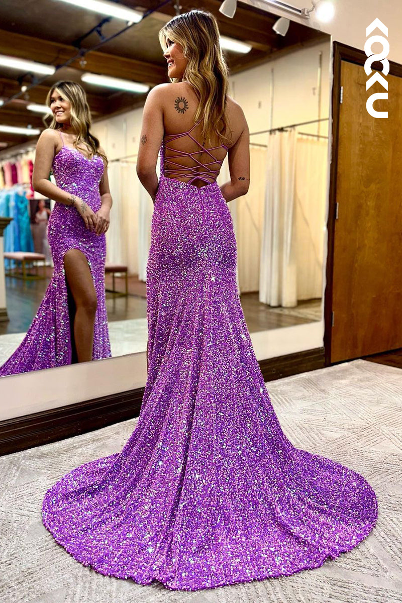 L1373 - Sheath/Column Sweetheart Sequined Split Prom Evening Formal Dress