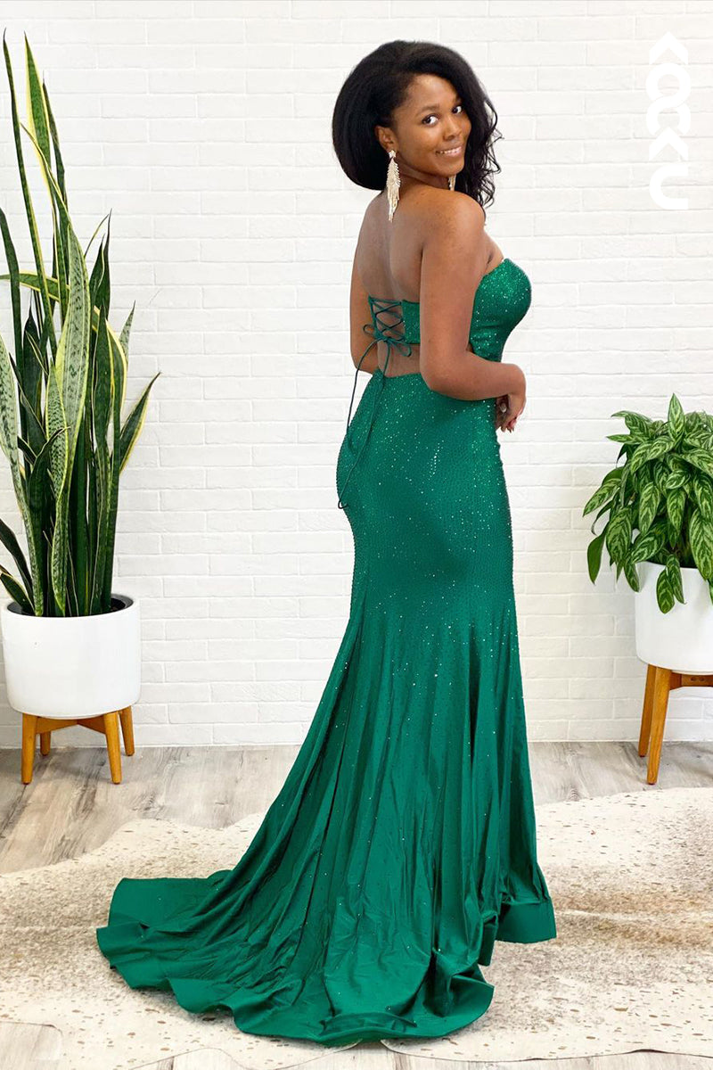 L1377 - Sheath/Column Strapless Sequined Split Sleeveless Prom Evening Formal Dress